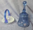 Fenton Glass French Opalescent Iridesent Mini Basket Cobalt Blue + Blue Bell