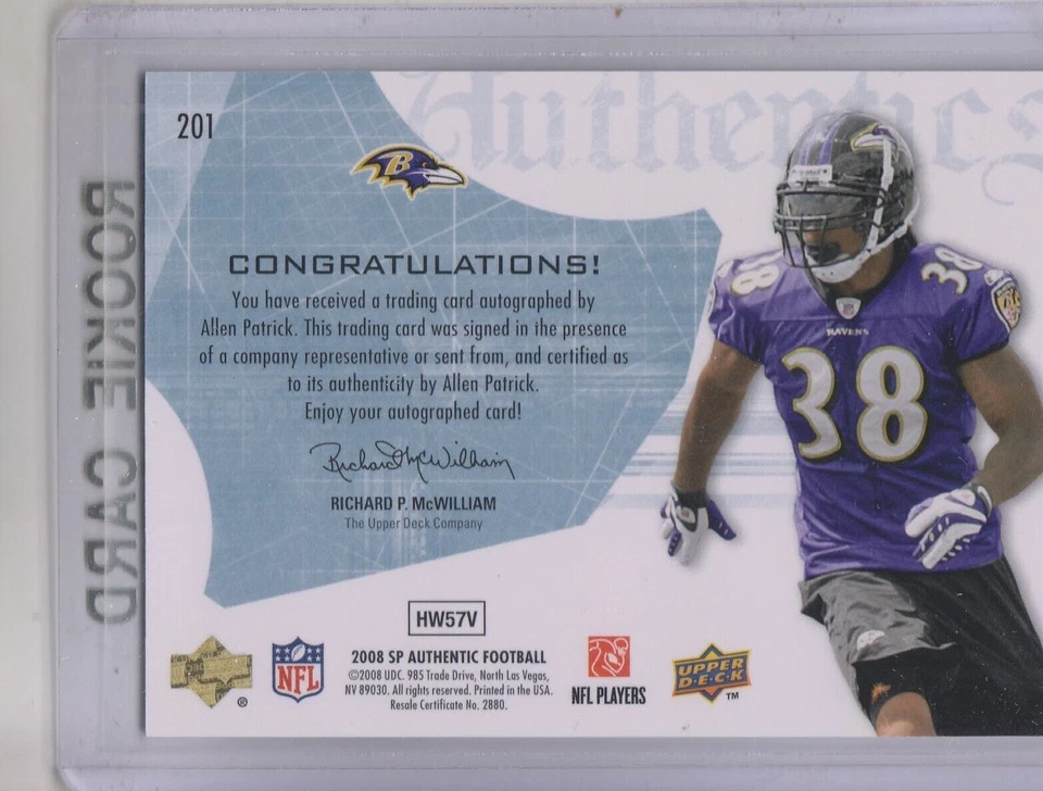 A9670- 2008 SP Authentic #201 Allen Patrick RC Auto /1199 SAMPLE - Image 2 of 2