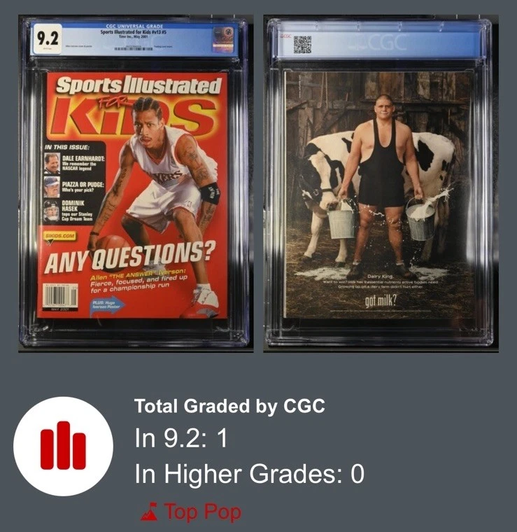 ALLEN IVERSON CUBIERTA RARA 2001 SI PARA NIÑOS PHILLY 76ERS TARJETAS QUIOSCO CGC 9.2 Foto 3 de 3