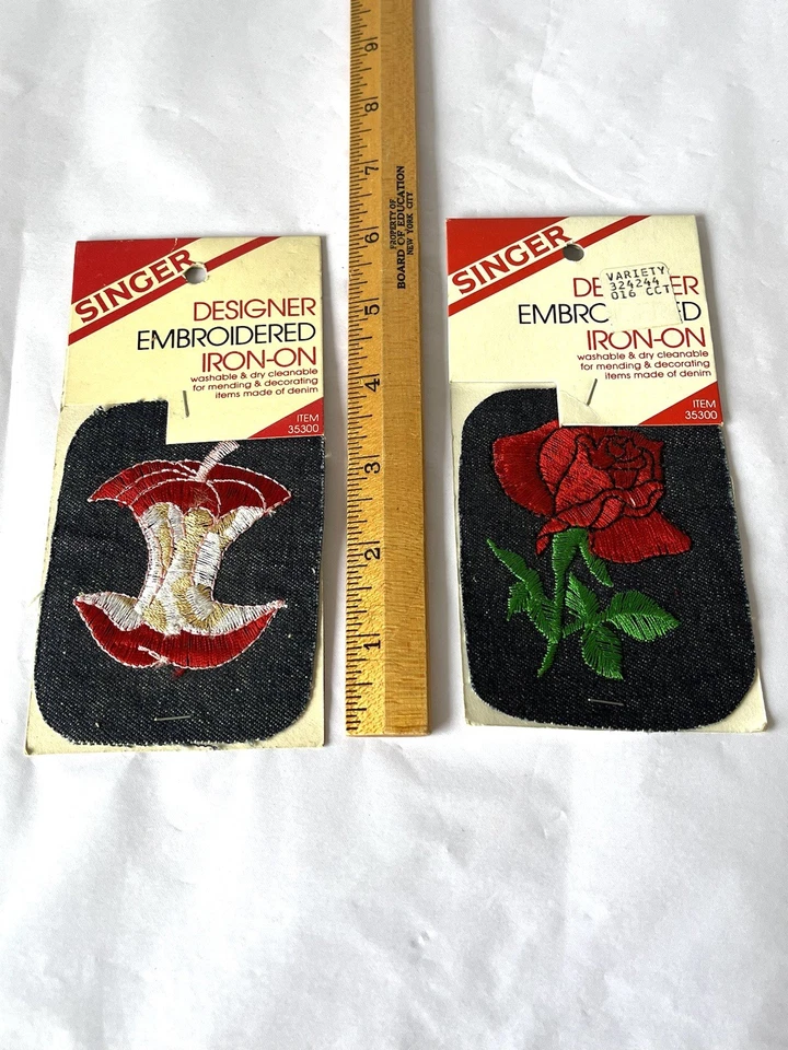 2 Vintage Singer Designer Embroidered Iron-On Patches Taiwan Apple Rose Denim - Image 3 of 3