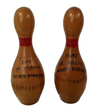 2 Vtg Mini Bowling Pin Trophy Awards 1950's Miniature Wood Women St. Joseph's