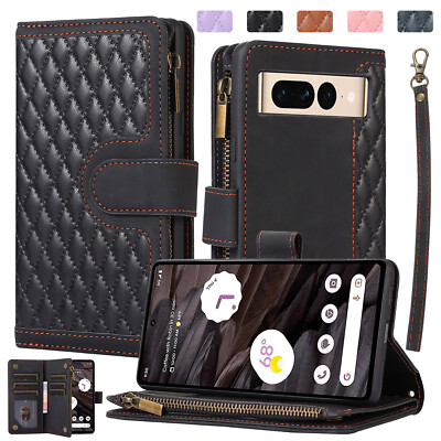 For Google Pixel 8 Pro 7A 6 Pro Zipper Leather Wallet Flip Case Cross Body Strap