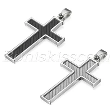 Men's Stainless Steel Carbon Fiber  Religious Cross Pendant Necklace Chain  21"