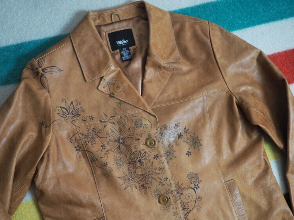 复古 90 年代 Y2K 2000 年代 Mossimo 褪色棕色皮革花卉纽扣夹克外套女式 L — 第 3/4 张图片