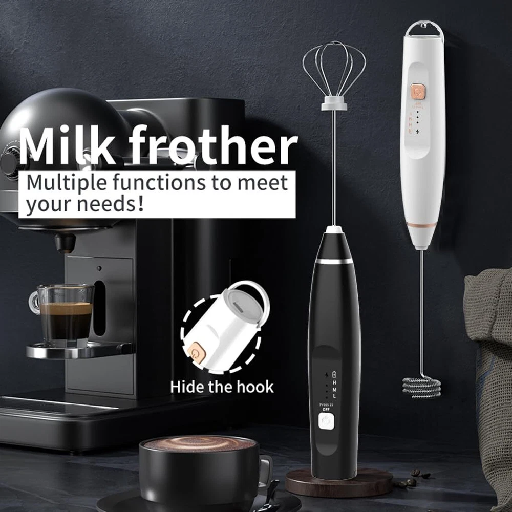 Milk Frother Handheld Foam Maker with 2 Stainless Stirring Head 3 Speed Recha... Milk Frother Handheld Foam Maker with 2 Stainless Stirring Head 3 Speed Recha...
