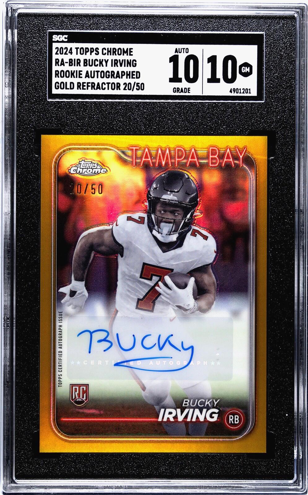 2024 TOPPS CHROME BUCKY IRVING #RA-BIR, AUTO, ROOKIE, GOLD REFRACTOR, SER #20/50