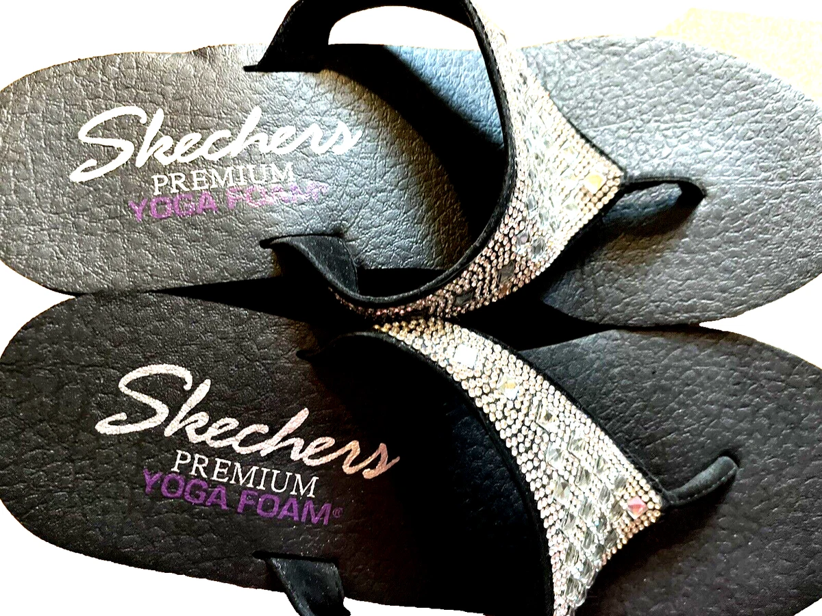 Skechers Womens Flip Flop Sandals 10 Yoga Mat Rhinestones Silver