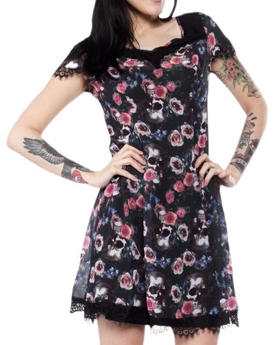 *NWT* Spin Doctor Morgan Mini Dress Size XS Goth Grunge Witchy Skull Lace Roses - Picture 3 of 14