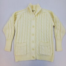Vintage 70s Sears Cardigan Creme Big Collar Sweater Cable Knit Fisherman L