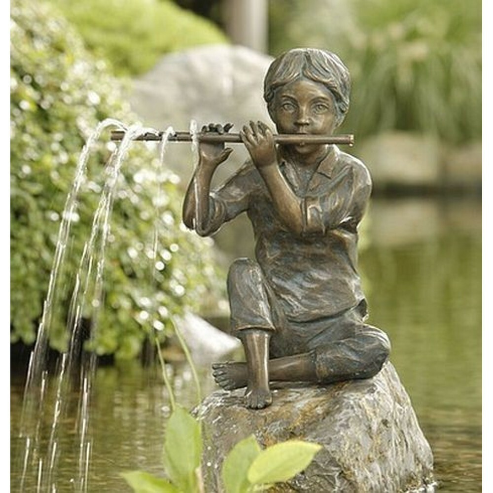 FLÖTENSPIELER JUNGE WASSERSPEIER BRONZE für GARTEN TEICH BRONZEFIGUR RO