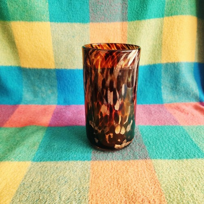 #ad Tortoiseshell Art Glass Tumbler Northern Italian “Murano” inspired Gold Flecks $30.00