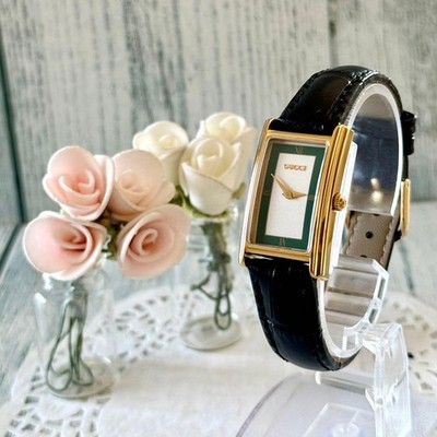 GUCCI 2600L Rectangular Green Dial Watch Gold Accents - Battery OK Cleaning Done