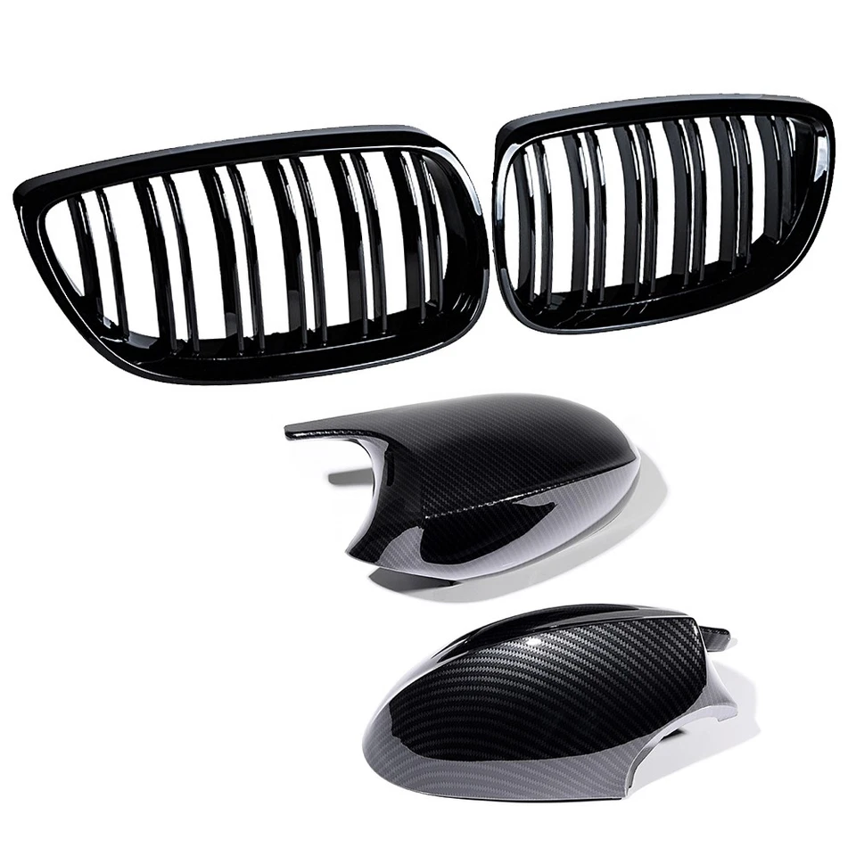 For 06-10 BMW E92 E93 Coupe Gloss Black Kidney Grill + Carbon Fiber Mirror Caps Foto 4 de 4