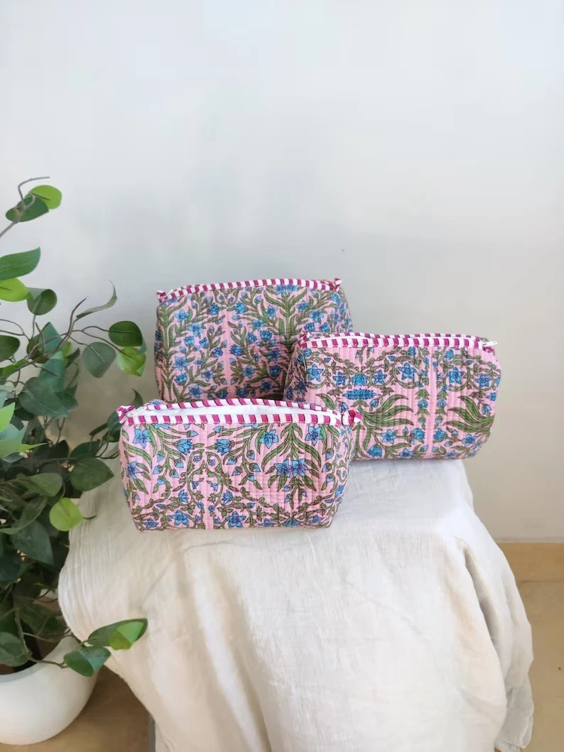 Indian Pink Floral Cotton Quilted Toiletry Purse Cosmetic Storage Bag Of 3 Pc US
