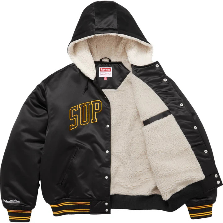 ジャケット・アウター Supreme Lined Hooded SatinVarsity Jacket Supreme Mitchell Ness Lined Hooded Satin Varsity Jacket Black