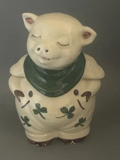 Retro Shawnee Pottery "Shamrock" Pig Cookie Jar w Green Scarf & Suspenders Oink!