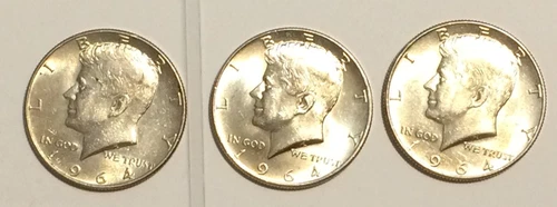 Beautiful Uncirculated set of 3 1964-D Kennedy Silver Half Dollars. Lot of 3 BU