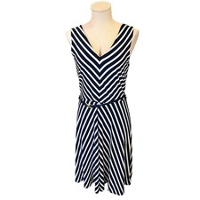 RALPH LAUREN NAVY WHITE DIAGONAL STRIPE FIT FLARE CLASSIC DRESS Sz Small S Belt