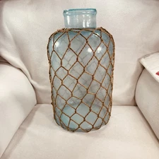 Large Handblown Aqua Blue 16” Tall Glass Bottle Jug Jute Netting Coastal Decor