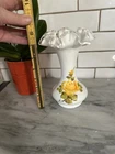 Vintage Rare Fenton Milk Glass Ruffled Silver Crest Vase Handpainted Yellow Rose