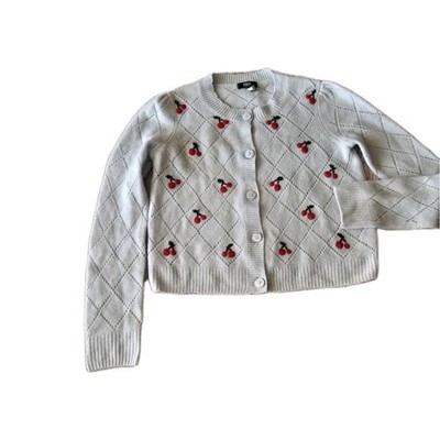 Aqua Cashmere Womens Cardigan Sweater Cherry Print Blue Button Front Sz Med 