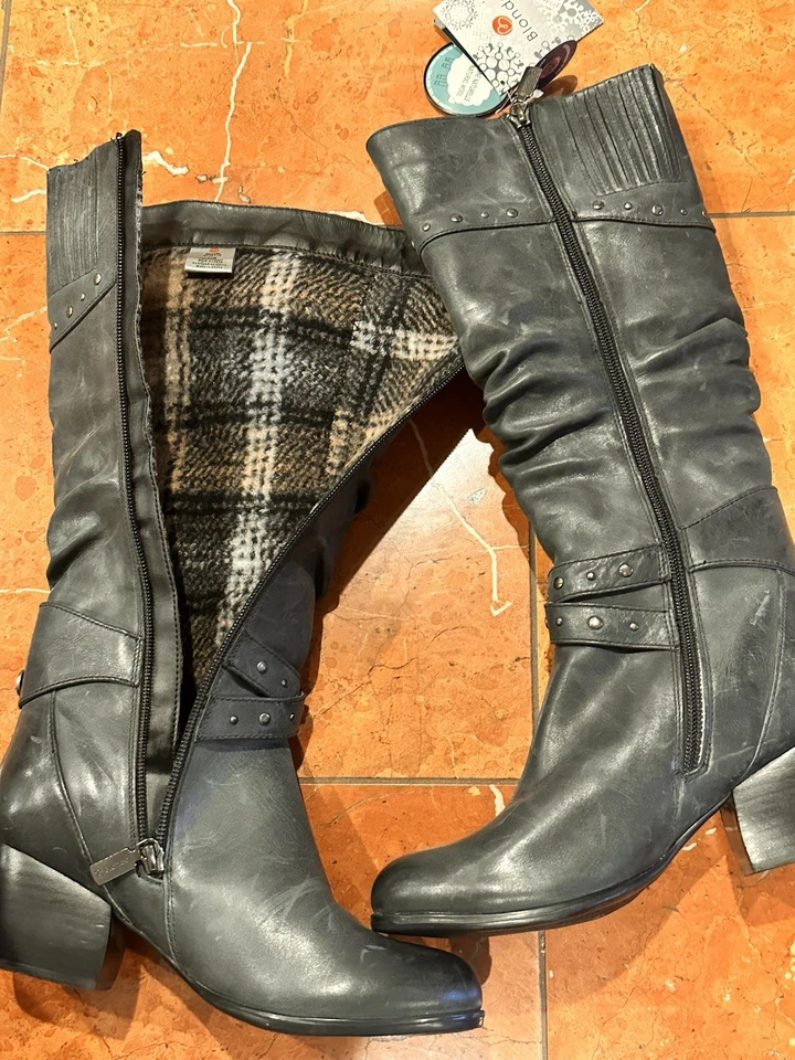 BLONDO ROSANNE 蓝色皮革及膝高筒靴跟 7.5 M 羊毛衬里防水新品 — 第 3/4 张图片