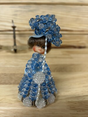 Vintage Safety-Pin Doll, Blue Beaded Dress with Hat & Parasol