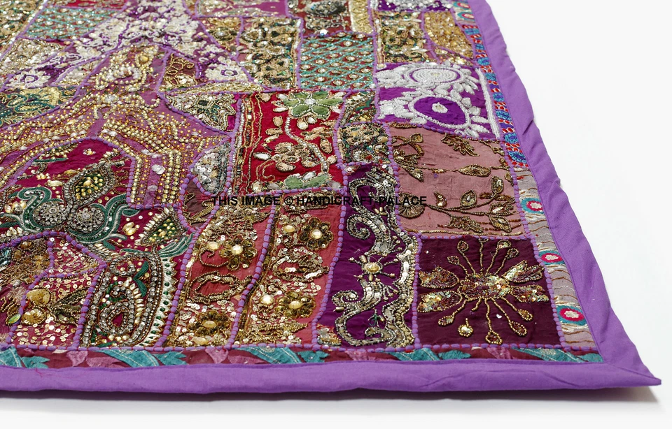 ENORME TAPIZ COLGANTE DE PARED SARI ZARI VINTAGE DECORACIÓN ARTÍSTICA INDIA CON CUENTAS PESADAS 60" Foto 3 de 3