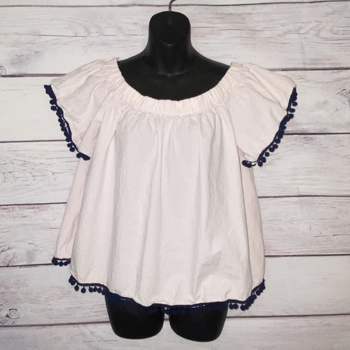 Haley And The Hound Womens Top Pink White XL Pom Poms Sear sucker Fairy Cottage