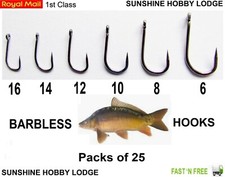 Coarse Fishing Hooks Eyed Barbless Straight Shank Medium Gape Packs Of 25 New UK