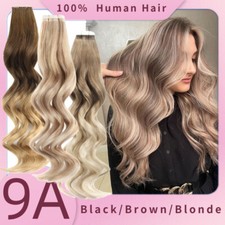 60PCS Tape-In Russian Remy Thick Human Hair Extensions Skin Weft Straight 12-24"