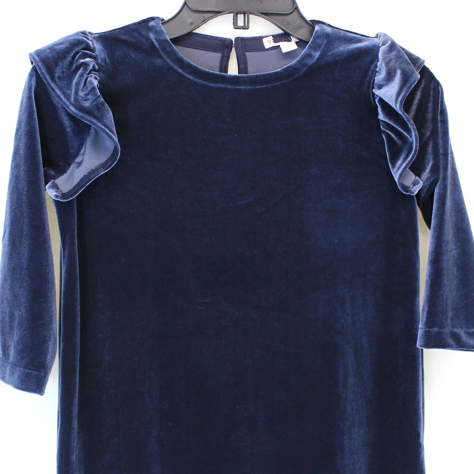 J.Crew Crewcuts Girls Navy Sparkly Velvet Ruffled Trim 3/4 Sleeve Dress Size 3 - Image 2 of 4