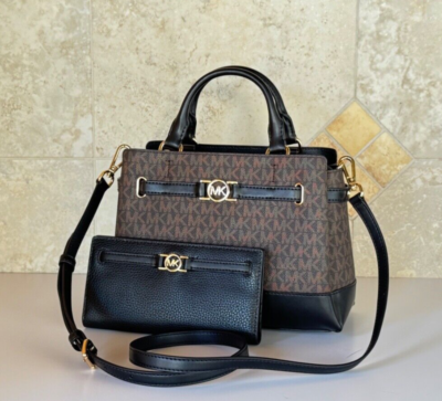 #ad MICHAEL KORS REED SMALL SATCHEL SHOULDER BAG BIFOLD WALLET MK BROWN BLACK $149.80