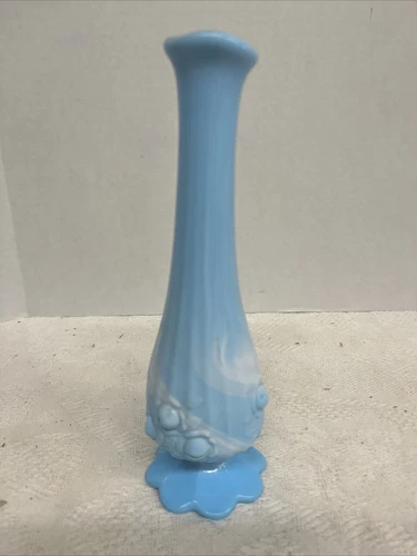 Vintage Fenton Swung Glass Blue Satin Cabbage Rose Bud Vase 8.5” Tall