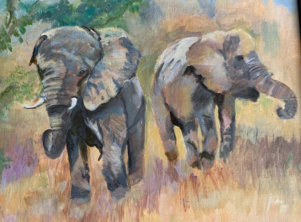 Pintura impresionista vintage de mediados de siglo de elefantes africanos Foto 2 de 4