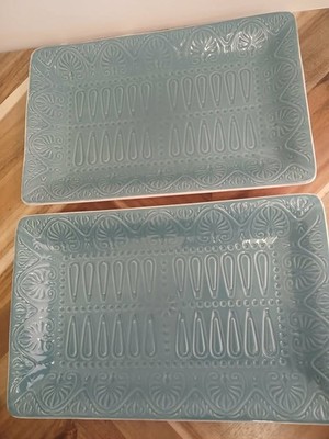 Pfaltzgraff Set Of Two dolce turquoise stoneware platter trays rare