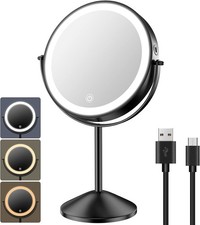 8 Inch Black Lighted Makeup Vanity Mirror 1X/10X Magnifying 3 Color Light USB