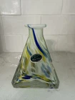 Murano Hand Blown Art Glass Vase Multicolor Blue Yellow Swirl Italy