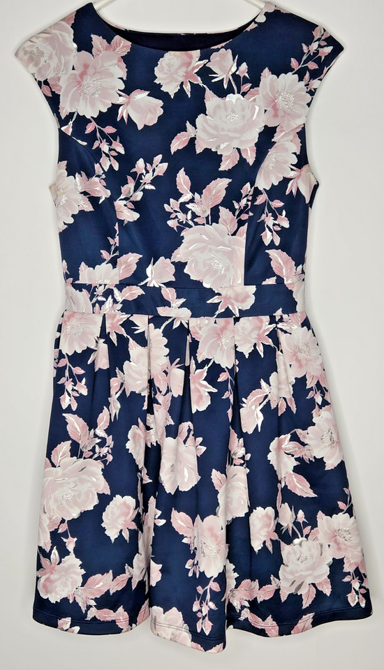 Emerald Sundae Navy Blue floral stretch skater fit and flare dress Sz M Women's