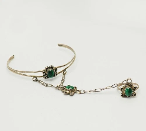 Vintage native southwestern sterling silver malachite bracelet chain ring sz 6