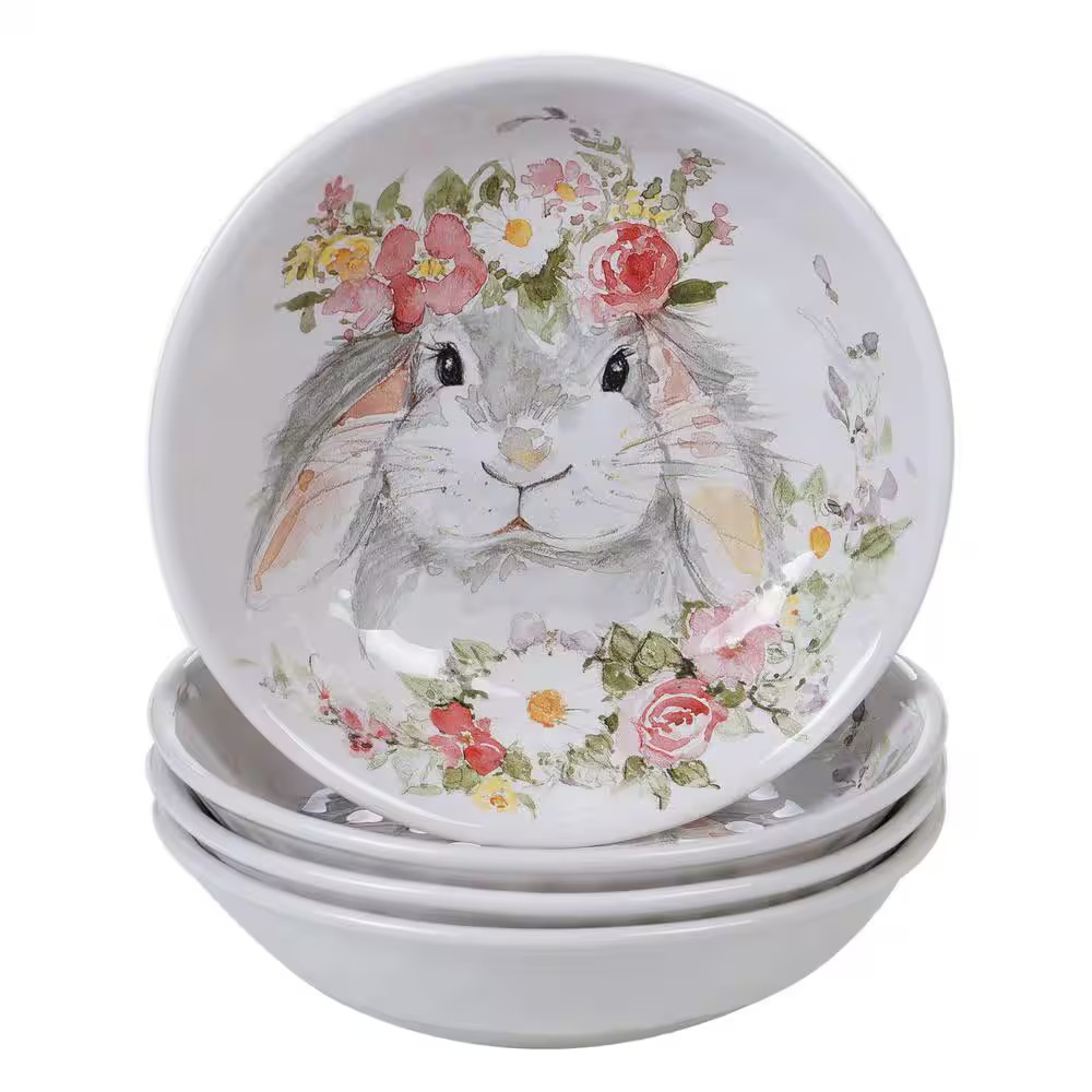 Sweet Bunny 4-Piece Seasonal Multicolored Earthenware 36 Oz. Soup Bowl Set (Serv