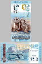 Gr&ouml;nland / Greenland 6 Kroner Souvenirschein 2025 Walross UV Hologramm