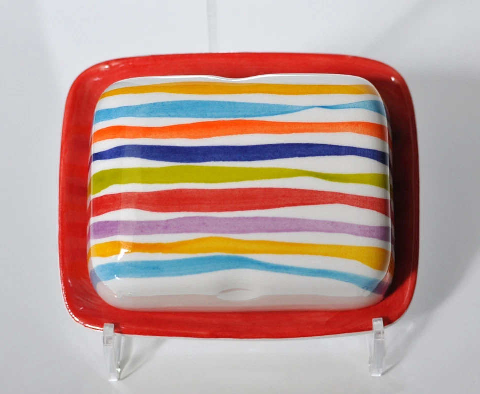 BASSANO KERAMIK kleine Butterdose BUNTE LINIEN Rot MEDITERRANES GESCHIRR - Bild 2 von 2