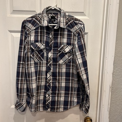 Various Artists Mens Plaid Western Snap Button Down Shirt Blue White Brown Med