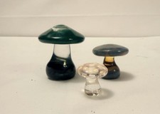 Trio of Vintage MUSHROOM Art Glass Paperweights Blue Green