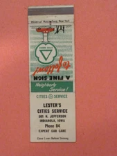 Lester's Cities Service Matchbook Cover - Indianola, IOWA