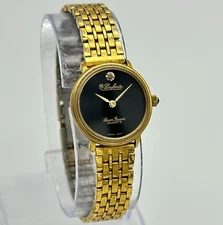 Ladies DUFONTE Lucien Piccard Classic Gold Tone Black Dial Watch, Diamond Accent