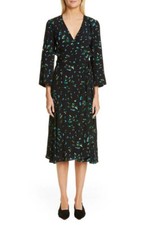 Ganni Floral Print Crepe Midi Wrap Dress in Black/Green sz 38