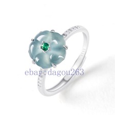 Certified natural A-grade jadeite Blue Water Peach Blossom 925silver inlaid ring