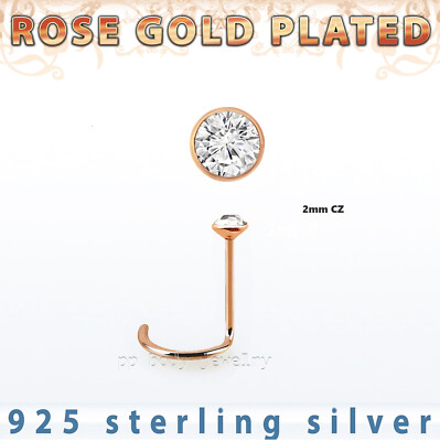22G 2mm Flat CZ 18K Rose Gold Plated Silver Nose Screw